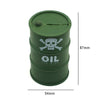 A dark green oil drum with a lid, featuring a skull and crossbones design, shown with dimensions.