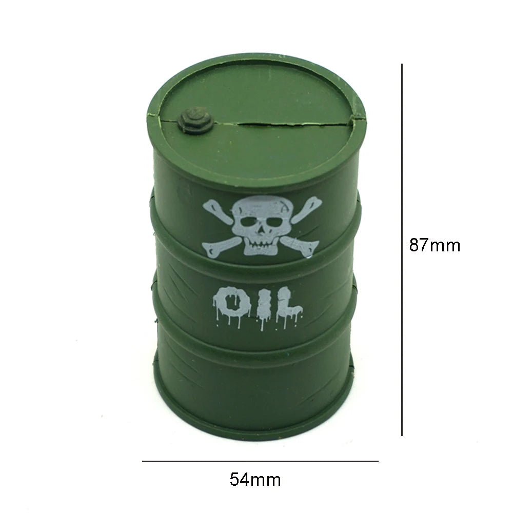 A dark green oil drum with a lid, featuring a skull and crossbones design, shown with dimensions.