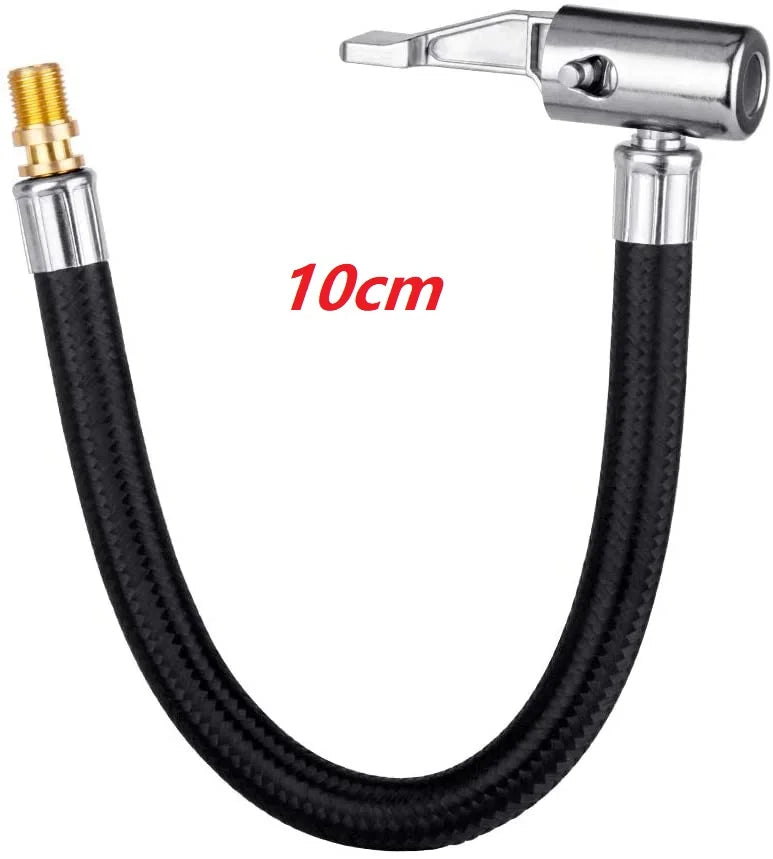 A flexible black hose with a brass fitting is shown, used for inflating tires.