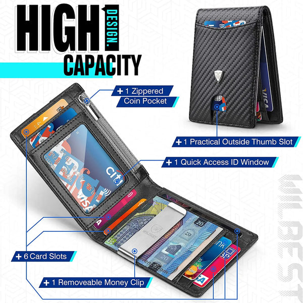 A black slim wallet with multiple slots and a textured cover is shown alongside an open view detailing its features.