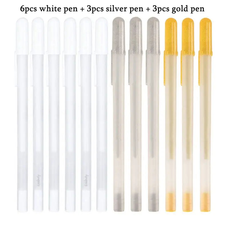 A set of six white pens, three silver pens, and three gold pens displayed side by side.