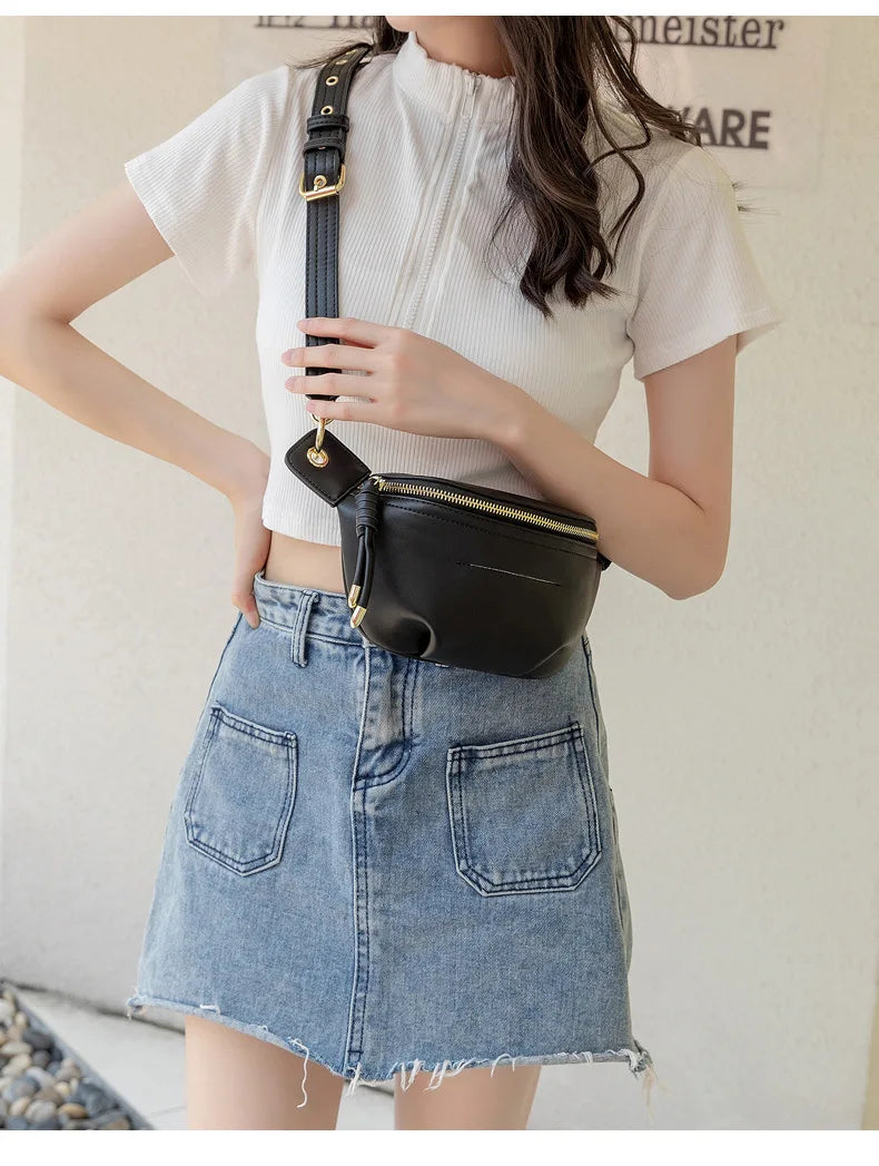 PU Leather Waist Pack with Chain Strap – Hands-Free Crossbody Belt Bag for Women