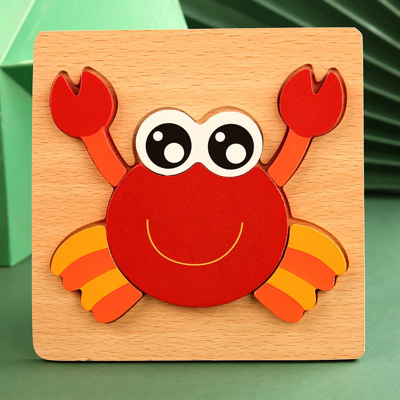 A wooden puzzle set featuring a red and orange crab animal for toddlers.