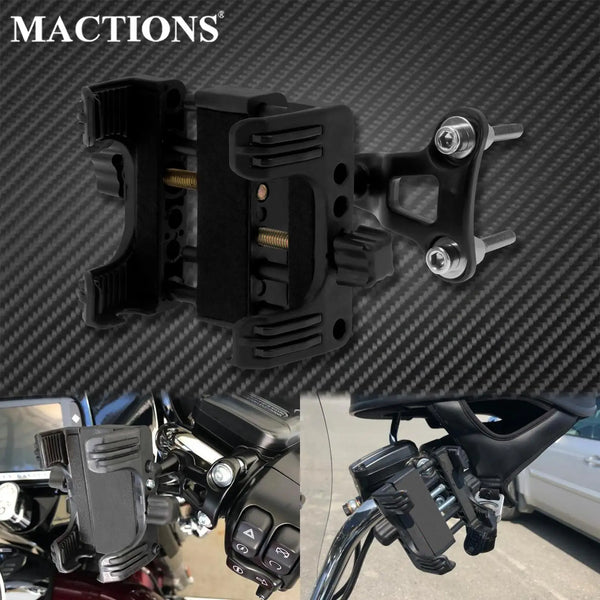 Black universal motorcycle handlebar phone mount designed for Harley-Davidson