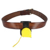 Genuine leather tape measure holder with a brown leather belt and a yellow measuring tape.
