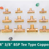 A collection of brass BSP tee type copper fittings in various sizes, including 1/8", 1/4", 3/8" pipe fittings.