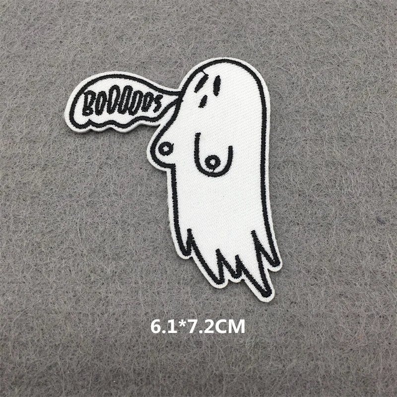 White embroidered ghost patch with the word BOODLOOS on its wing