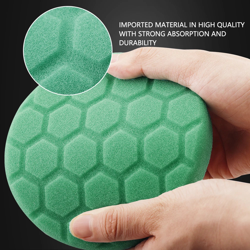A hand holds a green hexagonal foam buffing pad, highlighting its high quality and durability.