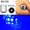 A close-up view of a BA15S single contact bayonet light bulb and an LED bulb with multiple bright lights.