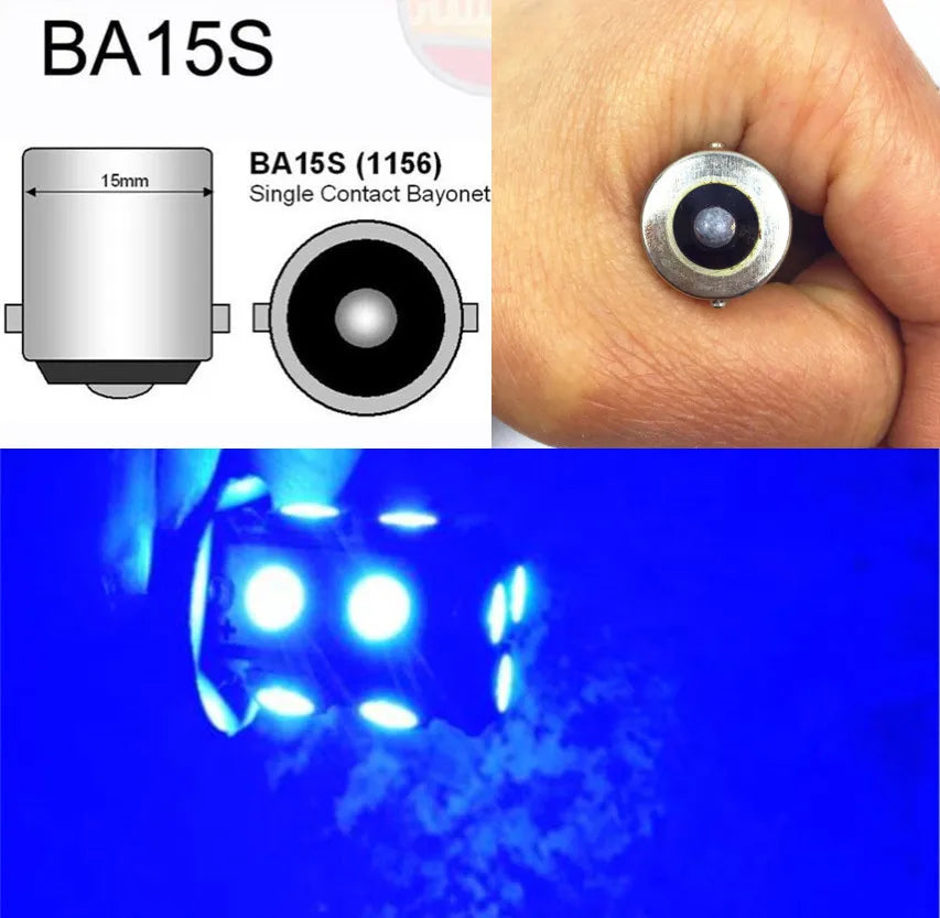 A close-up view of a BA15S single contact bayonet light bulb and an LED bulb with multiple bright lights.
