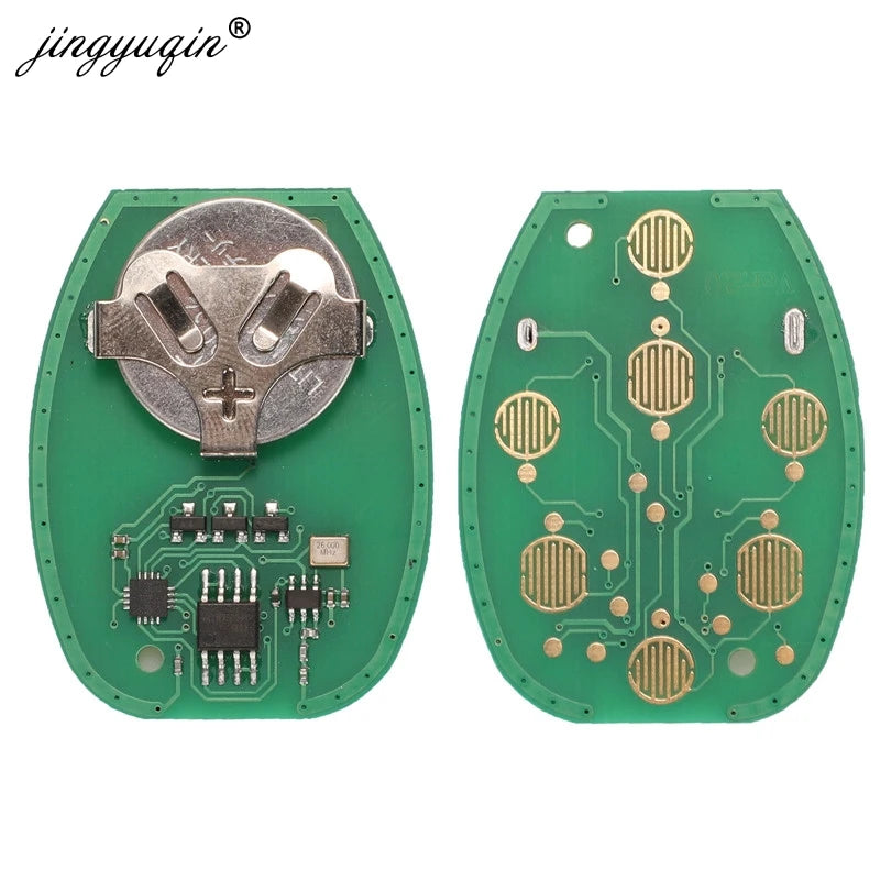 Green circuit board with a metal key blank and electronic components for a 315MHz replacement car key fob