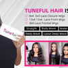 A woman models a Tuneful Hair wig featuring various lace closure and frontal options for different hair types.