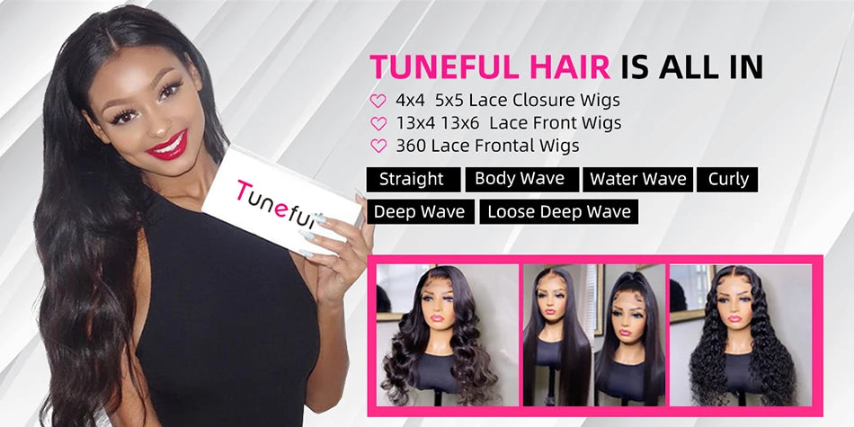A woman models a Tuneful Hair wig featuring various lace closure and frontal options for different hair types.
