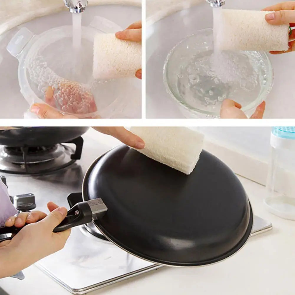 Hands are shown using natural loofah scrubbers to exfoliate and clean a glass bowl.