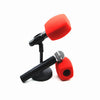 A red foam windscreen attached to a black microphone shaft.