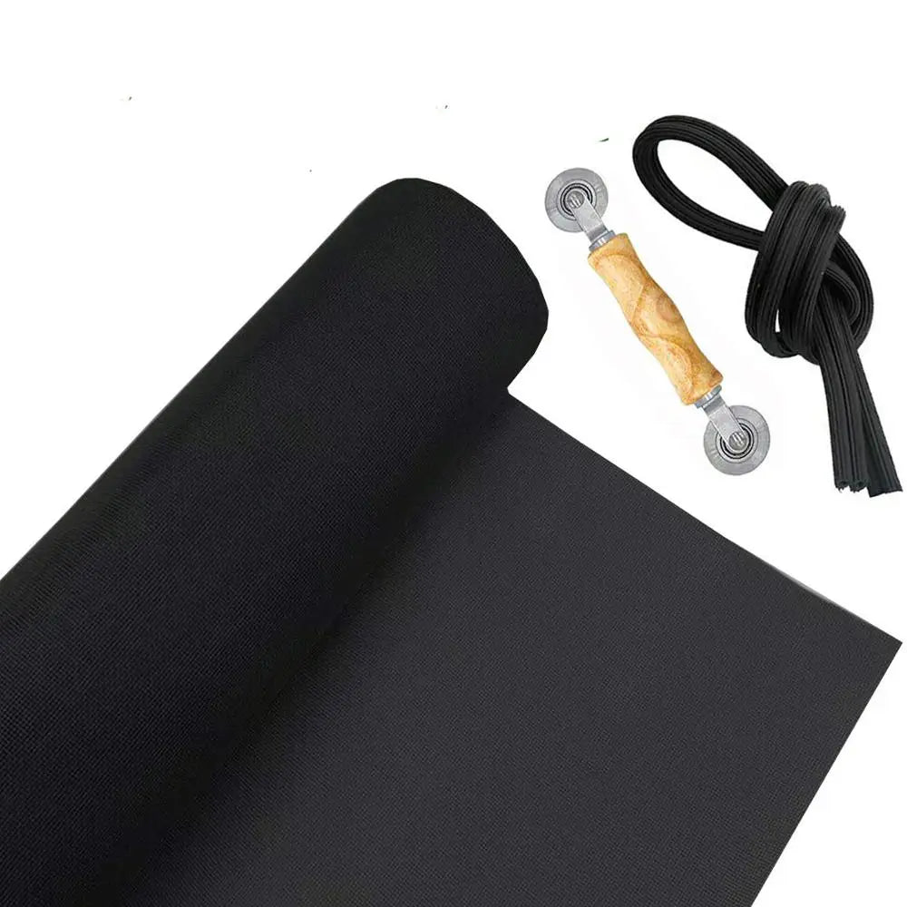 Black fabric roll with a wooden tool and metal spline for DIY insect screen mesh kit