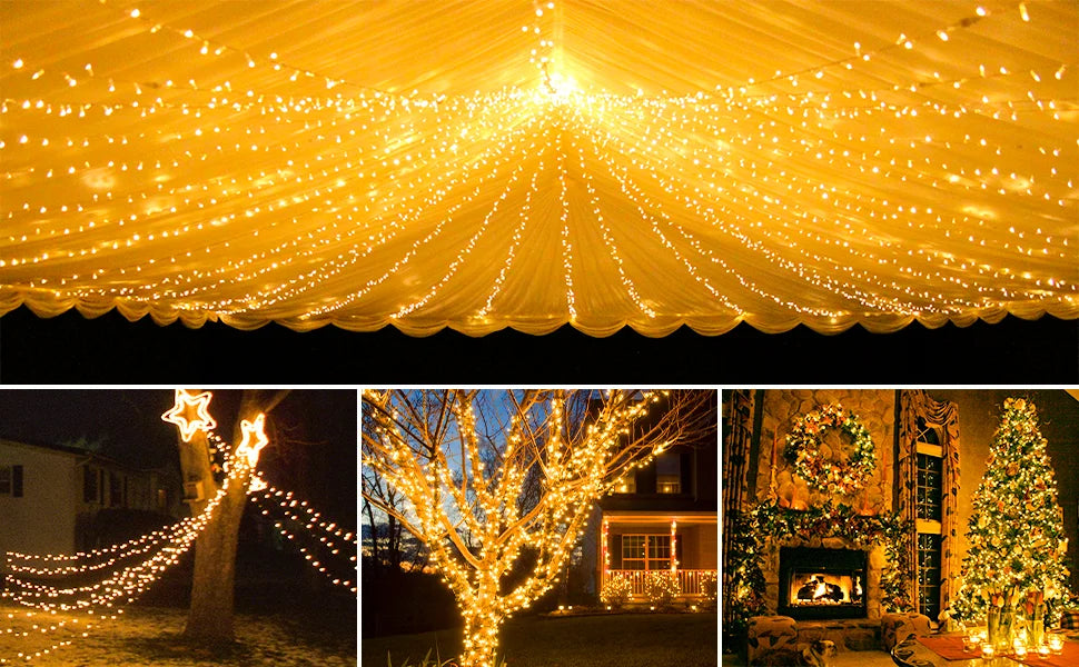 A ceiling draped with warm yellow string lights creating a festive glow.