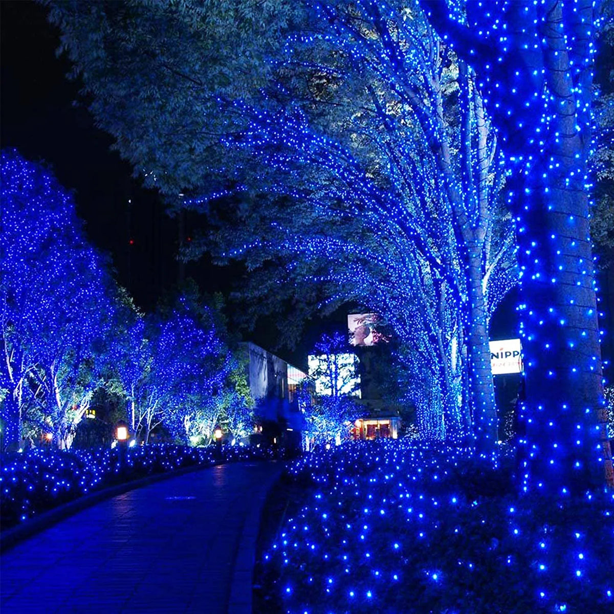 A nighttime scene featuring a pathway illuminated by dense blue string lights and trees covered in bright blue lights.