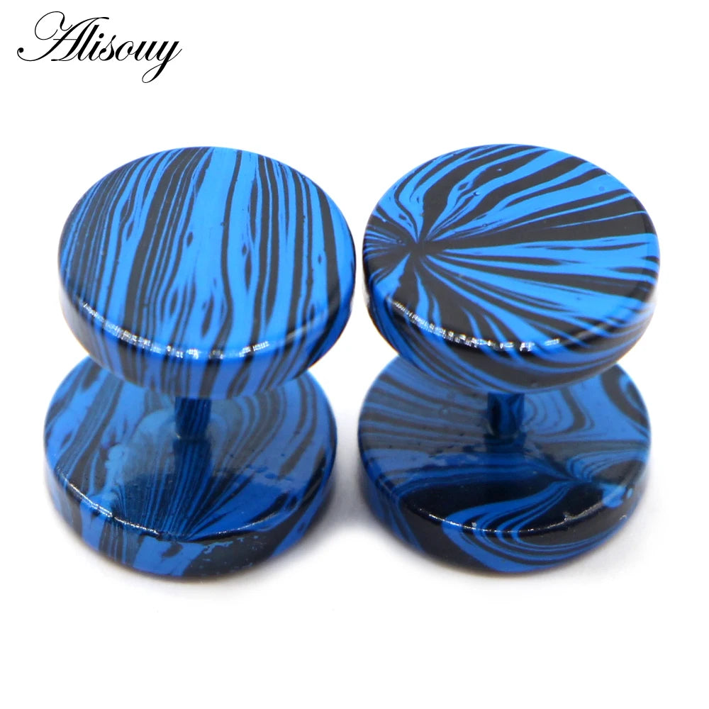 Pair of blue and black striped stainless steel fake gauge ear plugs