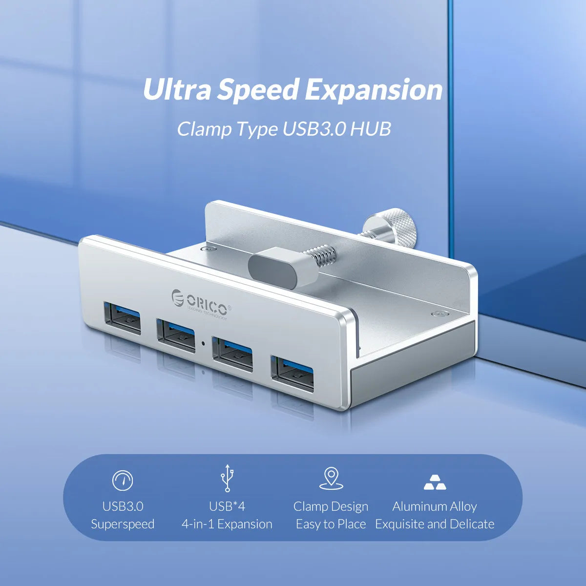 Aluminum USB 3.0 Hub with Clamp Mount for Desktops and Laptops