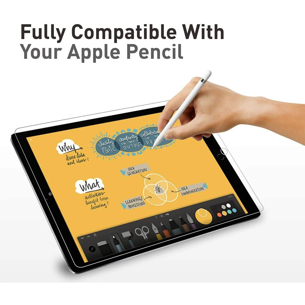 A hand writes on an iPad screen protected by a glass screen protector, demonstrating compatibility with an Apple Pencil.