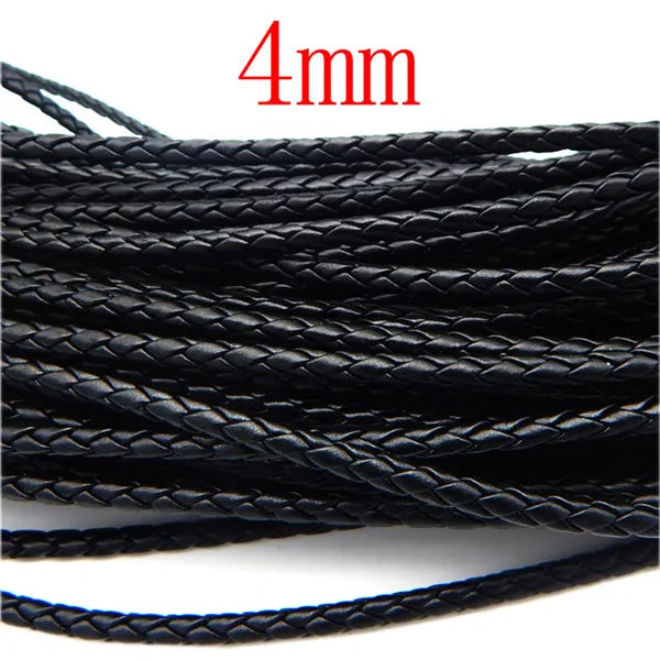 Black braided leather cord for jewelry making with a 4mm thickness.