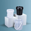 Three plastic storage buckets, one white, one black, and one clear, are displayed on a light gray surface.