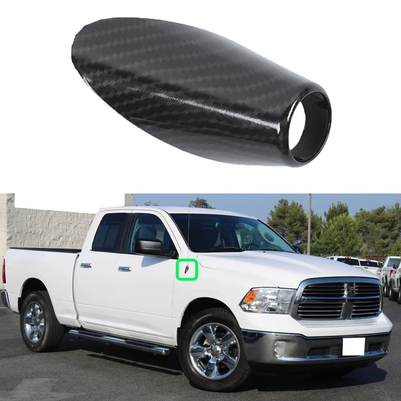 A black carbon fiber antenna base cover for a Dodge RAM 1500 truck is shown next to the vehicle.