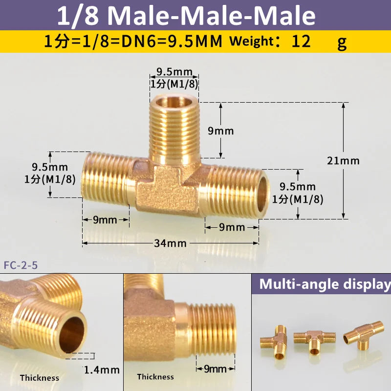Brass male-male-male tee pipe fitting with 9.5mm connections and a 12g weight