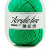 A ball of bright green acrylic line yarn labeled as 32-ply thread for knitting and crochet.