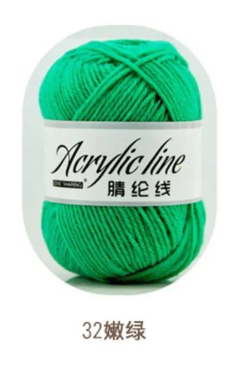 A ball of bright green acrylic line yarn labeled as 32-ply thread for knitting and crochet.