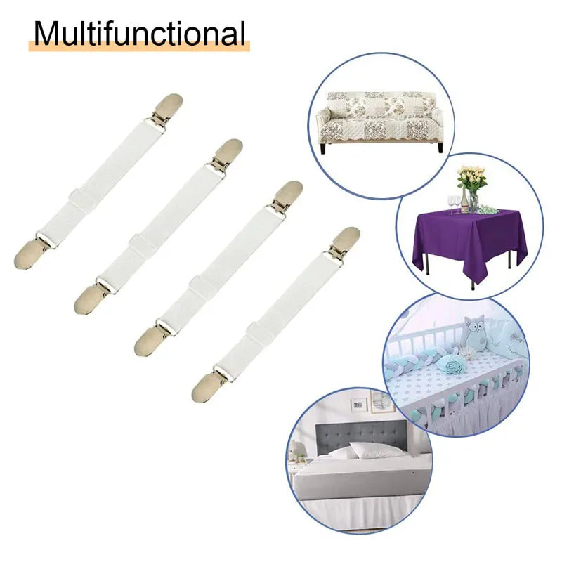A set of four white adjustable bed sheet grippers with clips shown in various contexts including furniture and bedding.