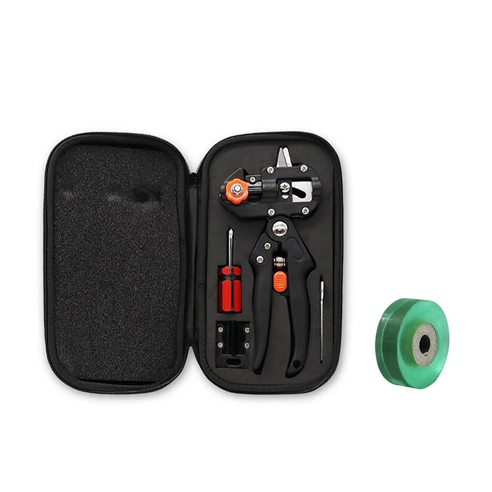 Black case containing a 3-in-1 grafting pruner with replaceable blades and a green blade.