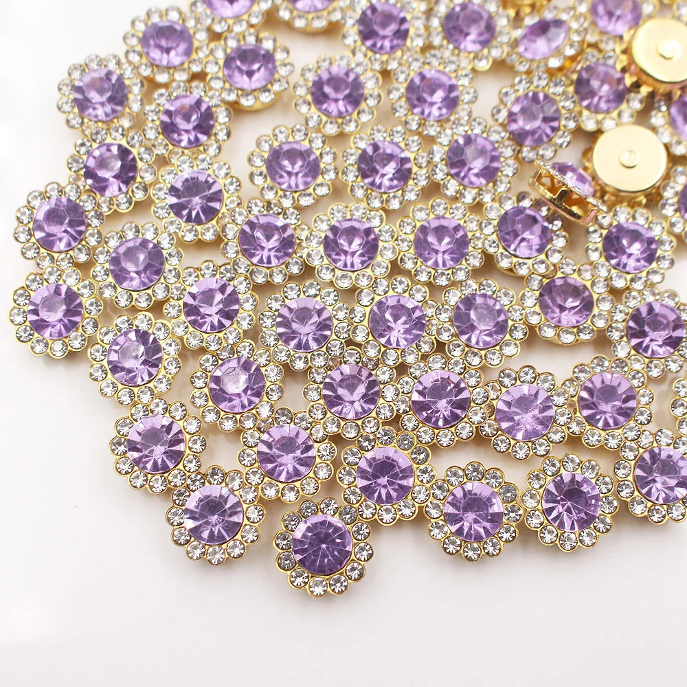Goldige Kralle-Sonnenblumen-Strasssteine in Violett und Klar für Nähprojekte