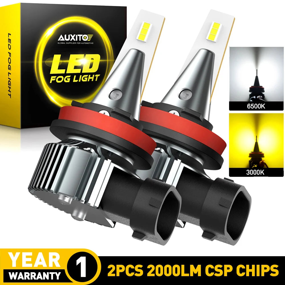 Two pairs of LED fog lights shown on a box with warranty information and lumen ratings