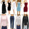 A collection of fashion clothing items for dolls, including dresses, tops, and pants in various colors and styles.