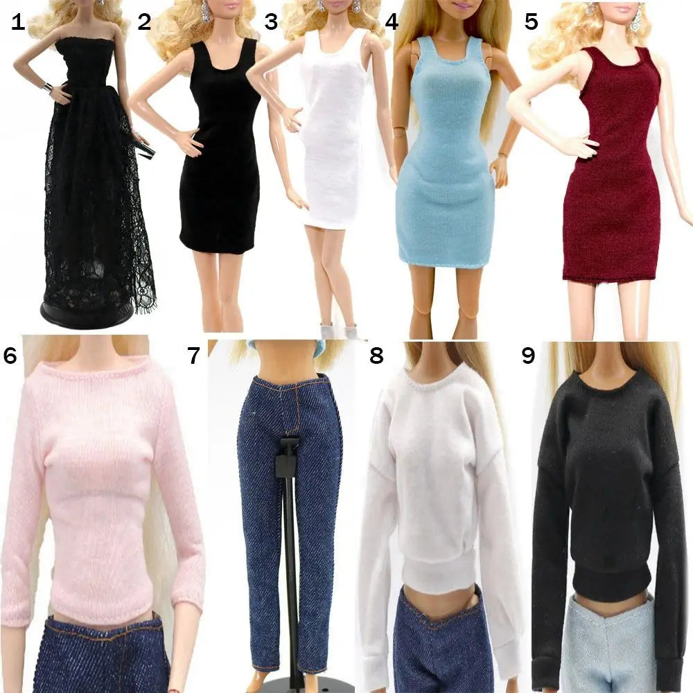 A collection of fashion clothing items for dolls, including dresses, tops, and pants in various colors and styles.