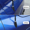 Before and after comparison of a carbon fiber antenna base cover installation on a blue Dodge RAM 1500.