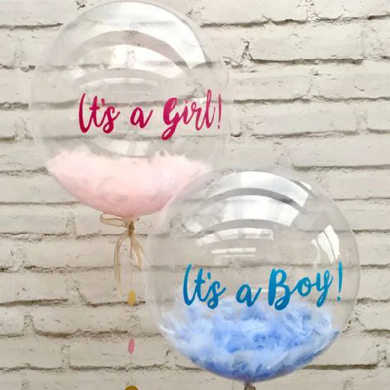A multi-pack of clear balloons, one pink labeled Its a Girl and one blue labeled Its a Boy, displayed against a white brick w