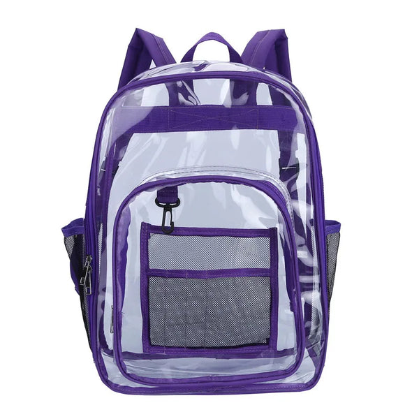 Mochila impermeable de PVC transparente morada con bolsillos de malla.