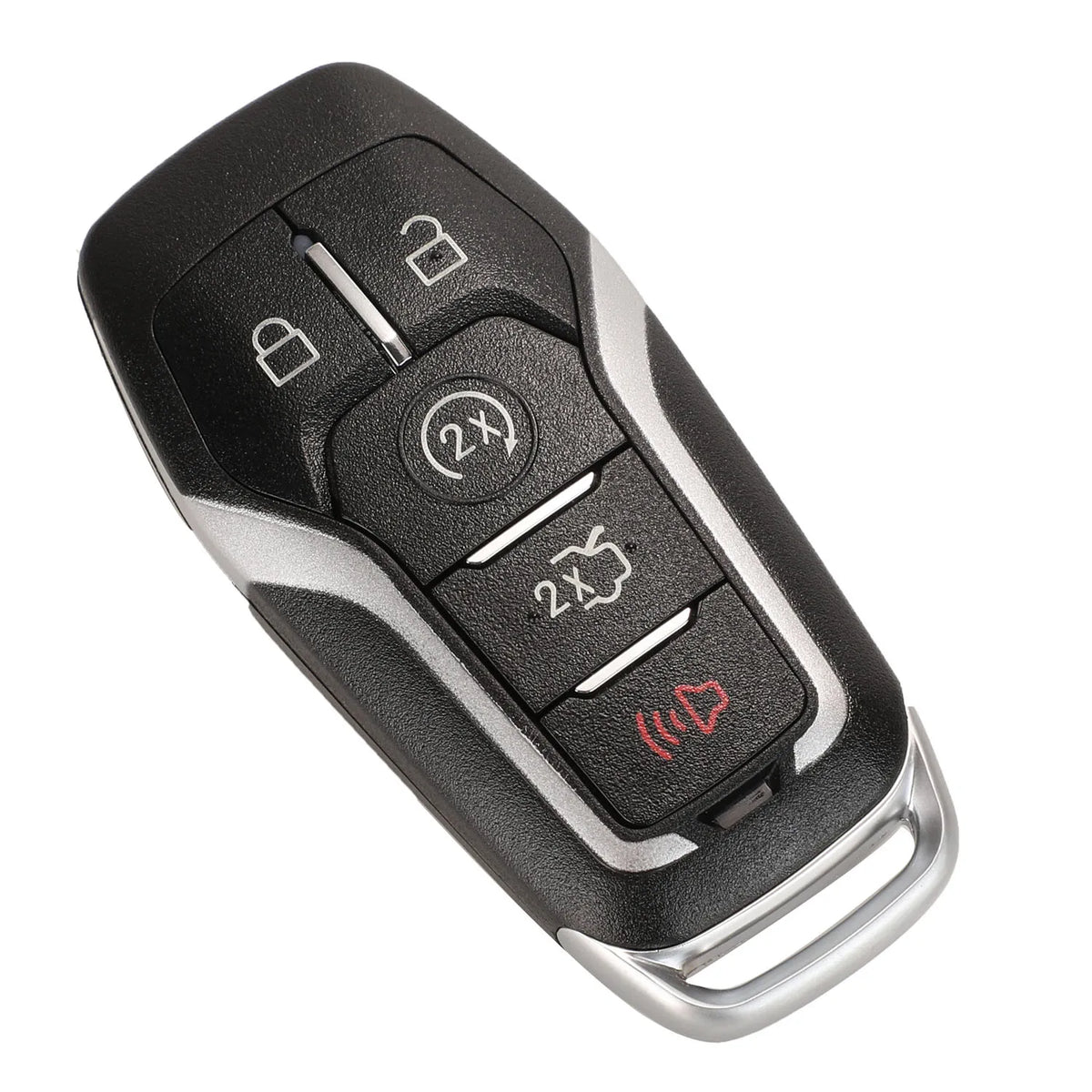 A black Ford smart key replacement shell with various buttons and a silver blade visible.