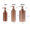Three rose gold stainless steel liquid soap dispenser pump bottles in 250ml, 350ml, and 550ml sizes.