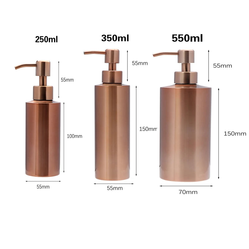 Three rose gold stainless steel liquid soap dispenser pump bottles in 250ml, 350ml, and 550ml sizes.