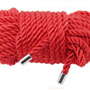 A spool of bright red soft silk bondage rope with silver tips.