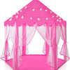 Pink tulle play tent shaped like a tipi with sheer fabric draping and sparkling lights for children
