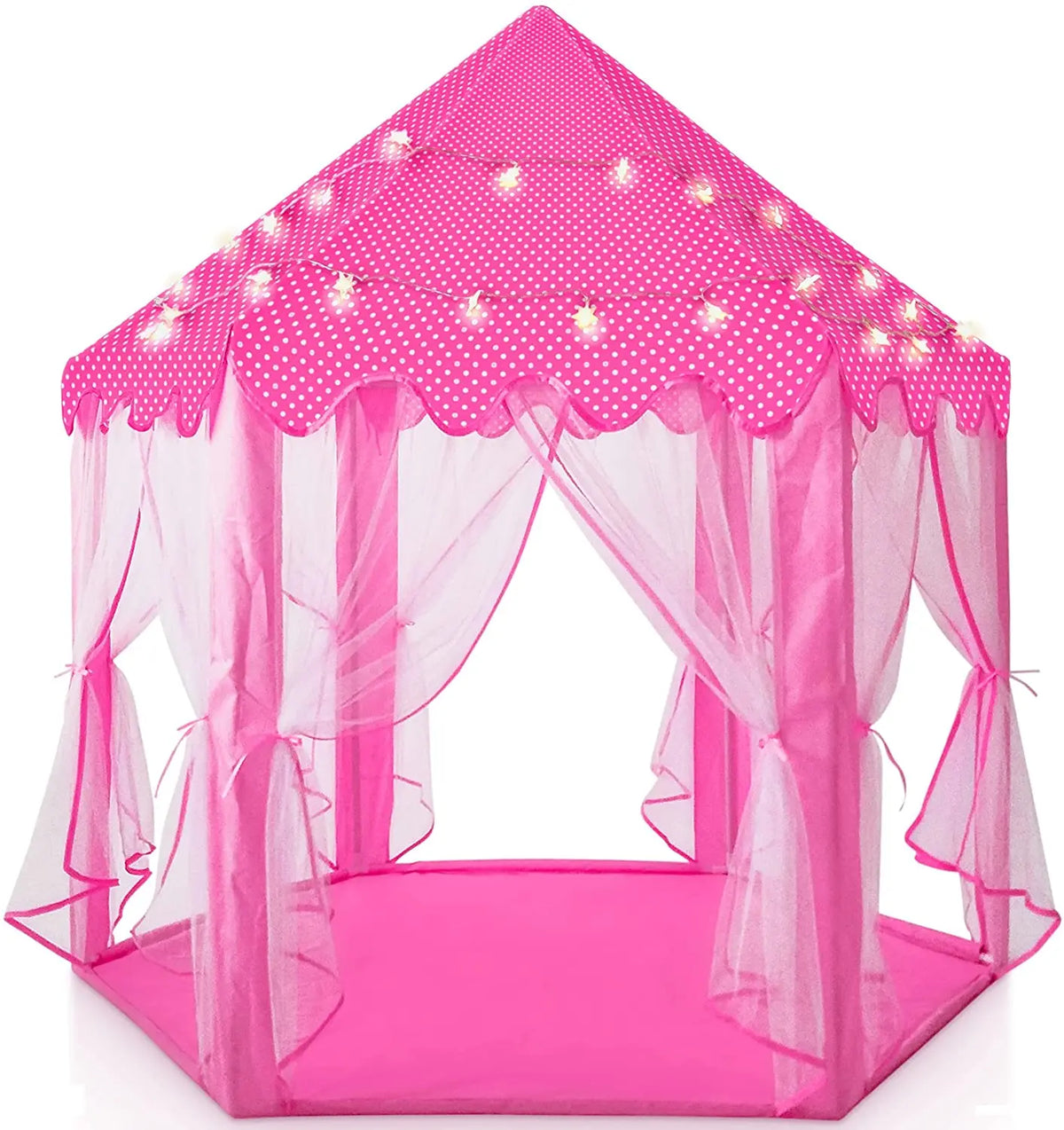 Pink tulle play tent shaped like a tipi with sheer fabric draping and sparkling lights for children