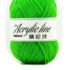 A ball of bright lime green acrylic yarn labeled as Acrylic line or 秋香線.