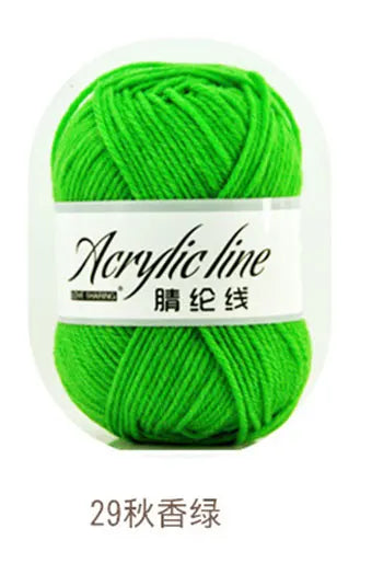 A ball of bright lime green acrylic yarn labeled as Acrylic line or 秋香線.