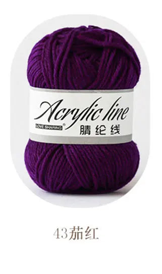 Purple acrylic line yarn in a ball, labeled as 43-thread count.