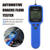 A blue automotive brake fluid tester device with an LED display and a cord, shown next to a hand.